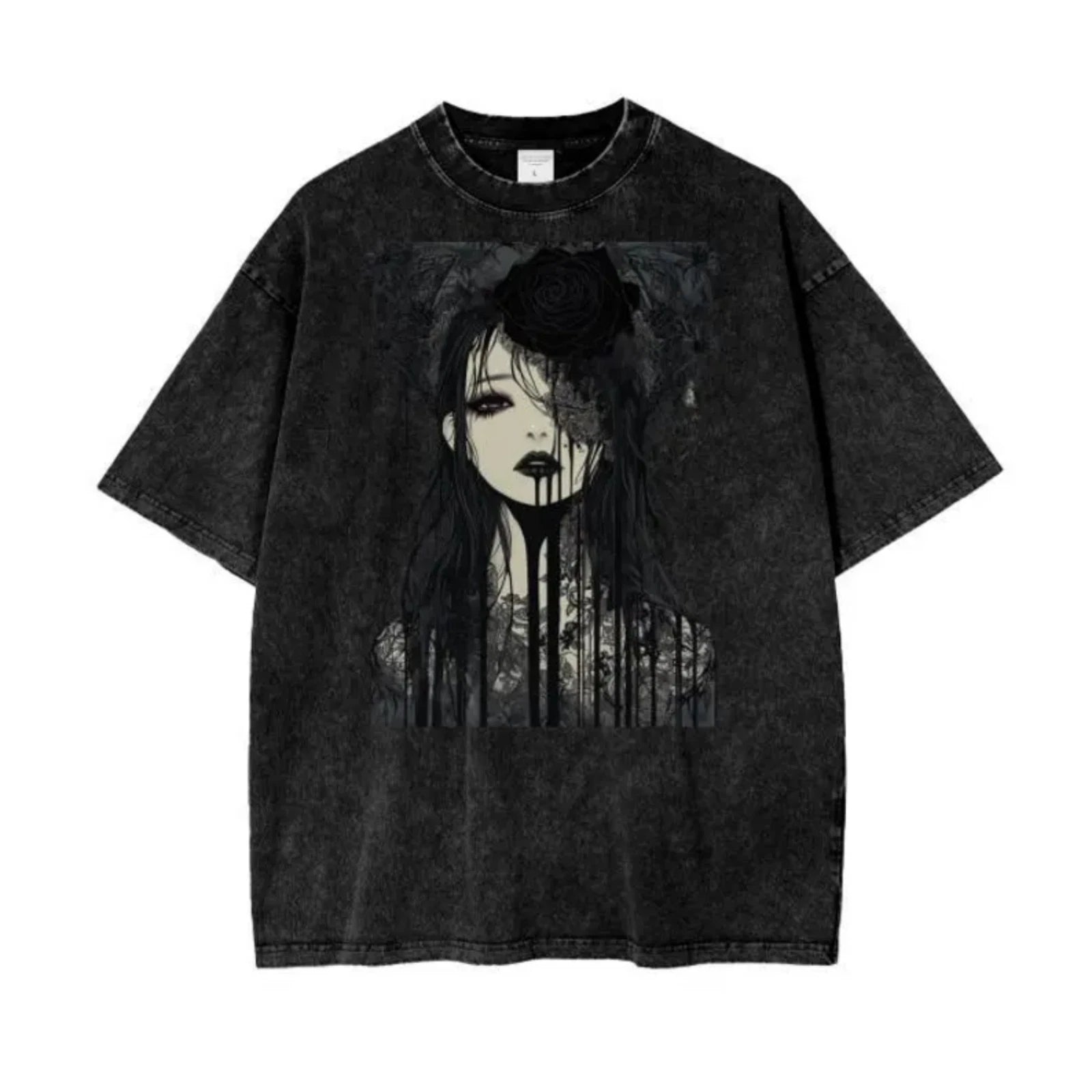 Dark Gothic Anime AcidWash Tee  Rose Drip Graphic Oversized Unisex TShirt-