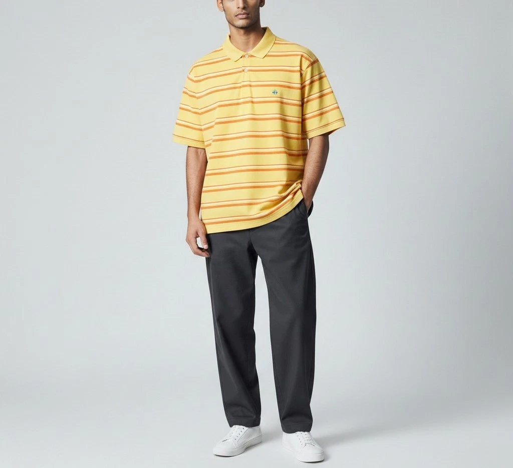 Brooks Brothers Polo Slim Fit T-Shirt Mens L Yellow Striped Logo Short Sleeve