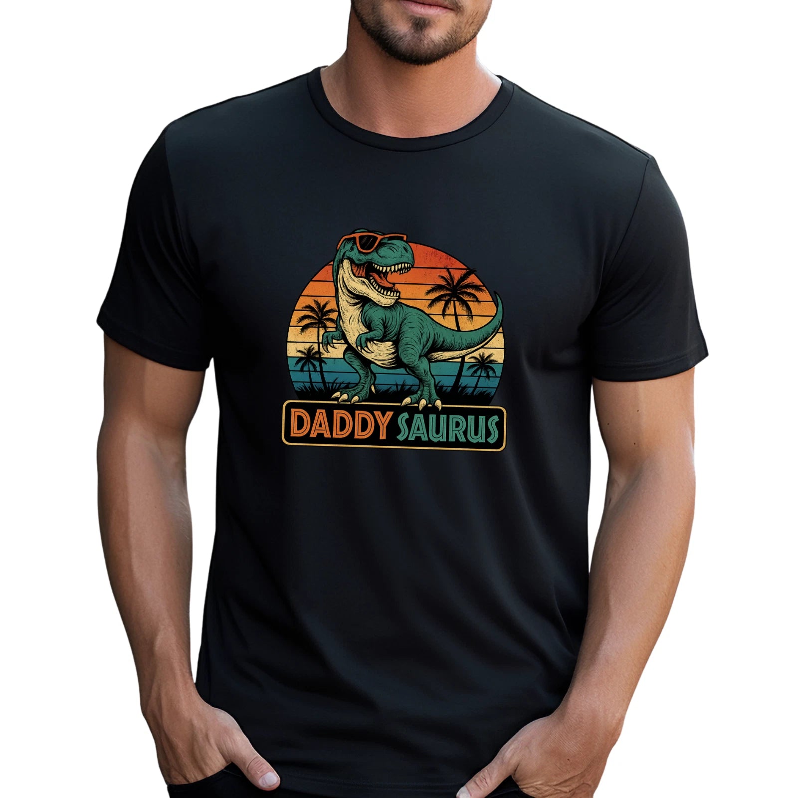 Mens Daddy Saurus Cotton T-Shirt Funny Dinosaur Dad Tee XS-5XL Retro Black