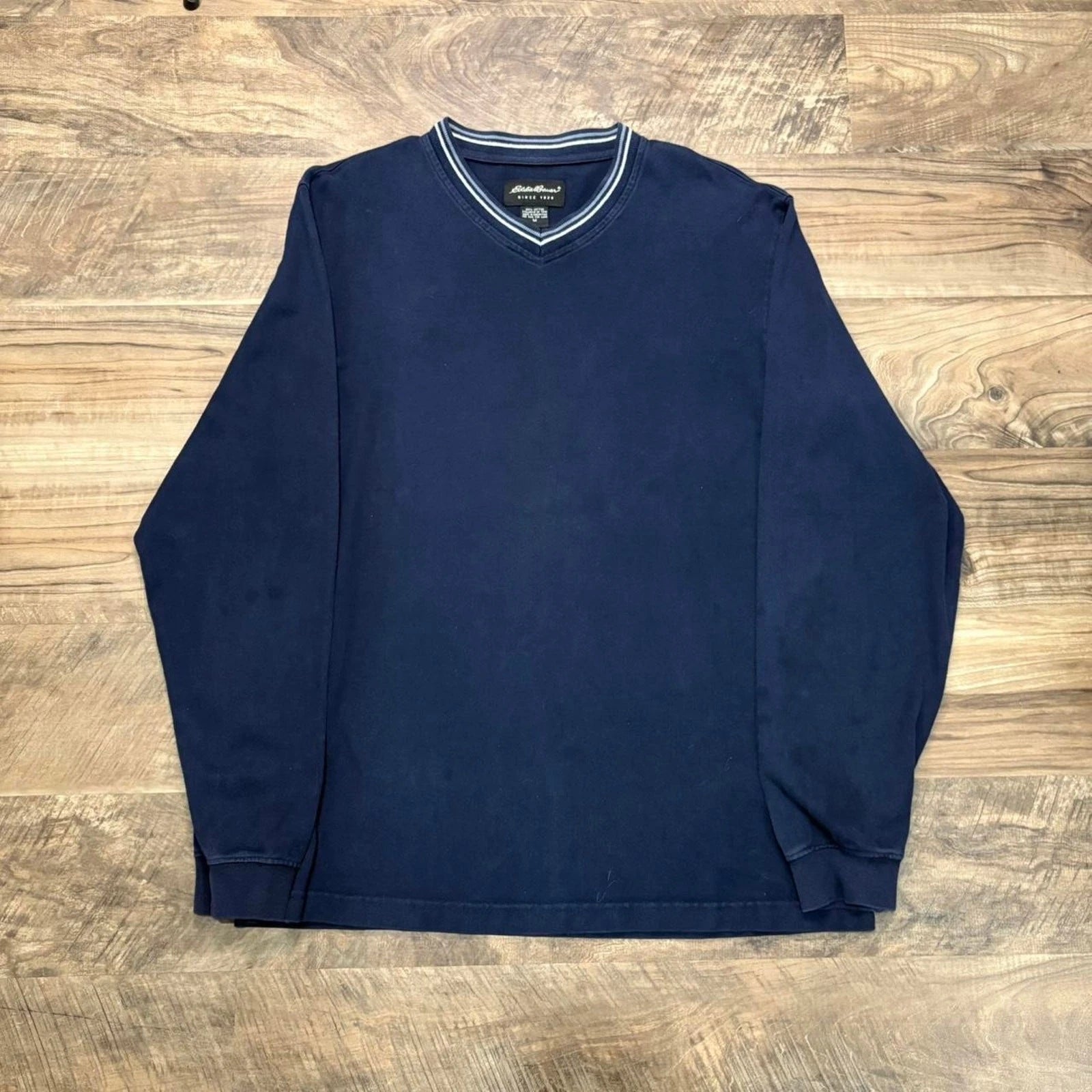 Vintage Y2K Eddie Bauer Ribbed Long Sleeve Shirt Navy Blue 100% Cotton Casual