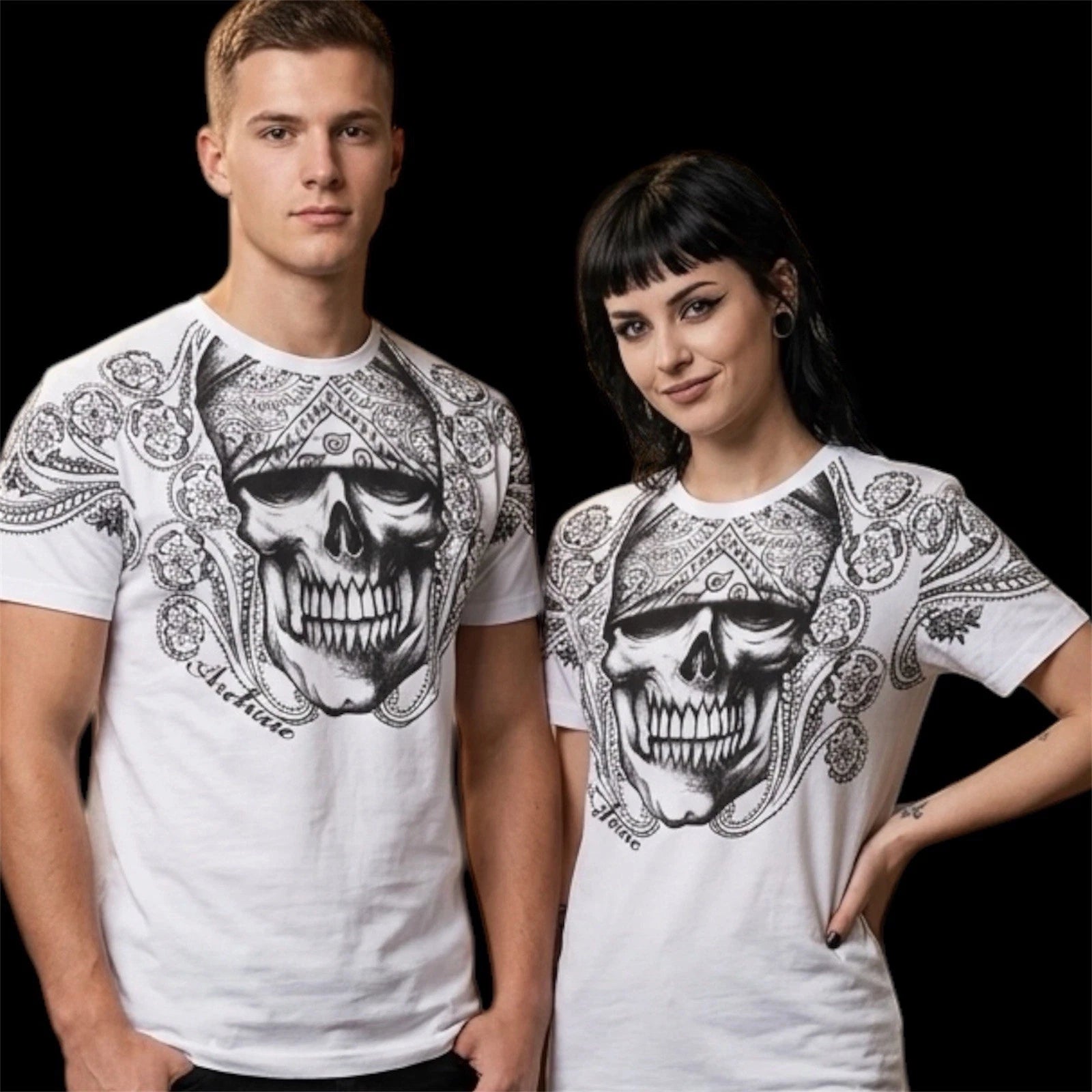 ARCHAIC by AFFLICTION White BANDANA SKULL Short Sleeve Slim Fit Y2K T-shirt NWT
