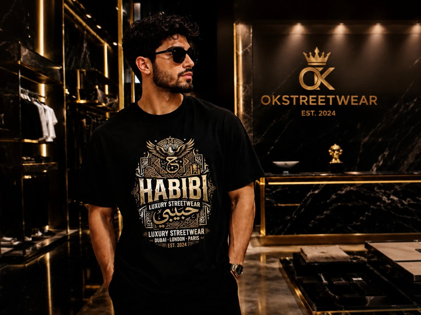 Habibi Luxury Streetwear T-Shirt | Arabic Calligraphy Crest