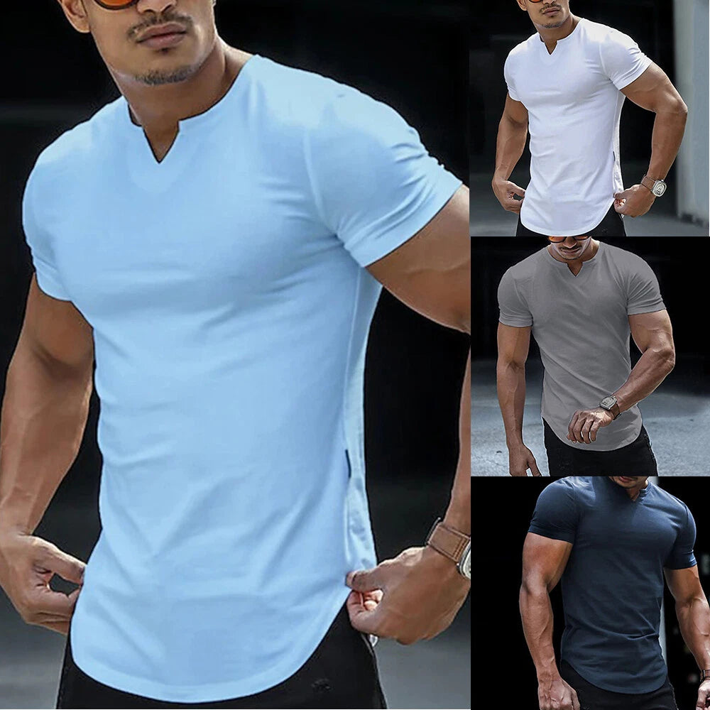 Mens V-Neck T-Shirt Tops Short Sleeve Slim Fit Golf Muscle Casual Blouse Summer