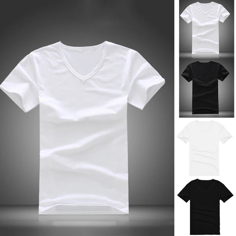 Men's V Neck T-Shirt Summer Black White Short Sleeve Slim Fit Solid Color Tops