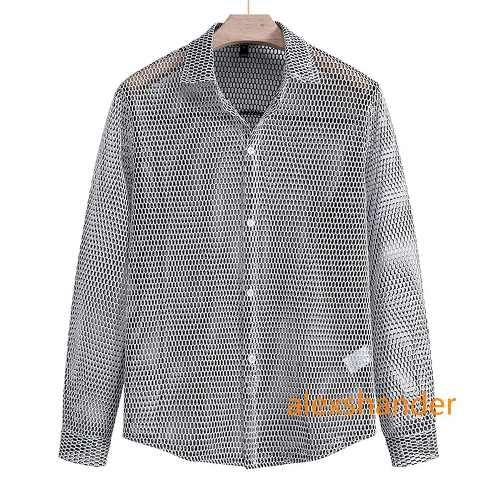 Men's See Through Fishnet Shirt Long Sleeve Sexy Undershirts Tee Tops