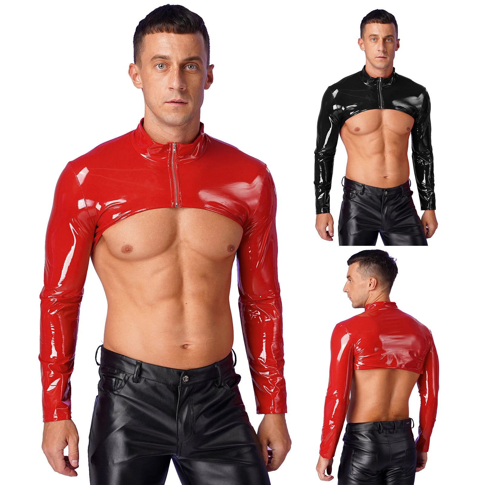 Mens PVC Leather Crop Top Wetlook Slim Jacket Shirt Shiny Party Rave Clubwear