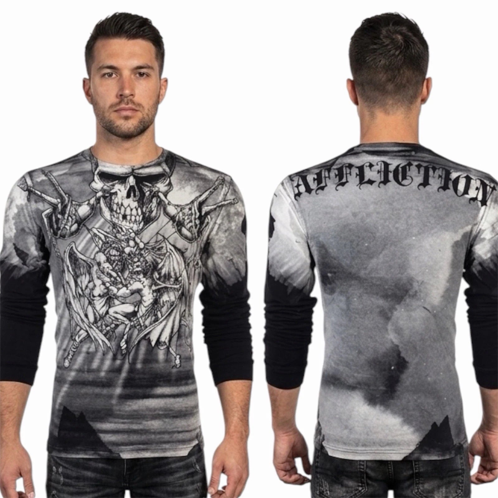$78 AFFLICTION Black PUPPET MASTER Skull Long Sleeve Slim Fit Y2K T-shirt NWT