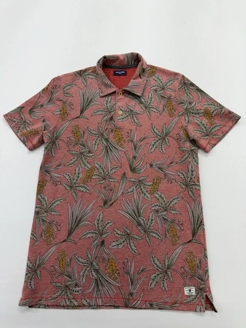 Jack & Jones Men Rust Red Floral Polo Shirt Size L Excellent