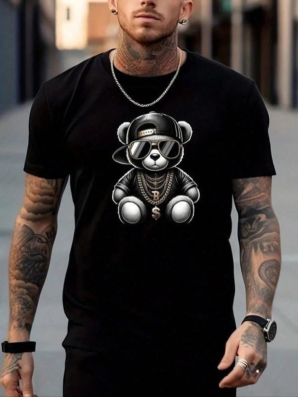 Men's Regular Fit Cartoon Bear Print Round Neck Tee, Street Fashion Casual Short