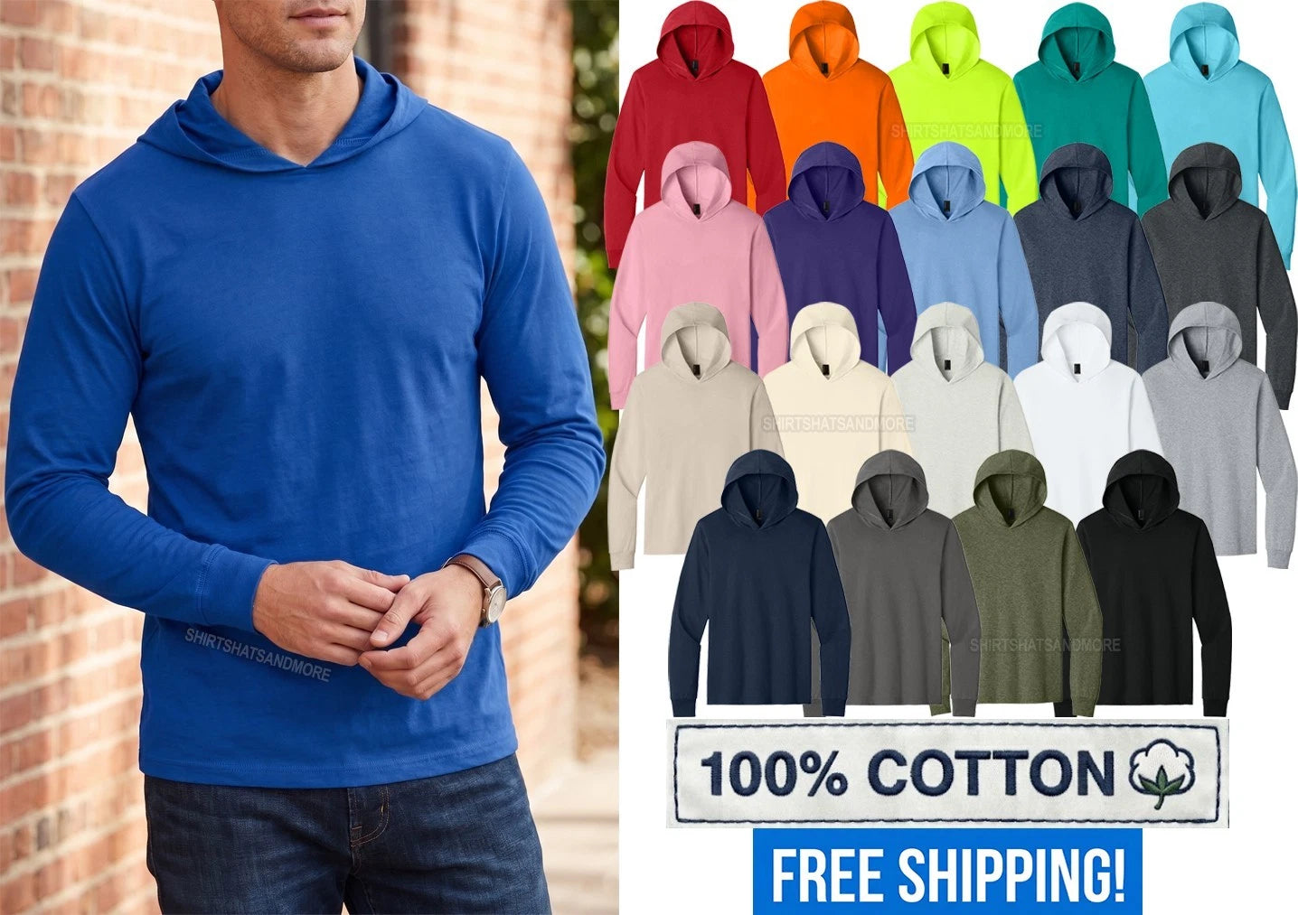 Men’s Lightweight Long Sleeve Hooded Tee 100% Cotton Hoodie T-Shirt S-4XL NEW!