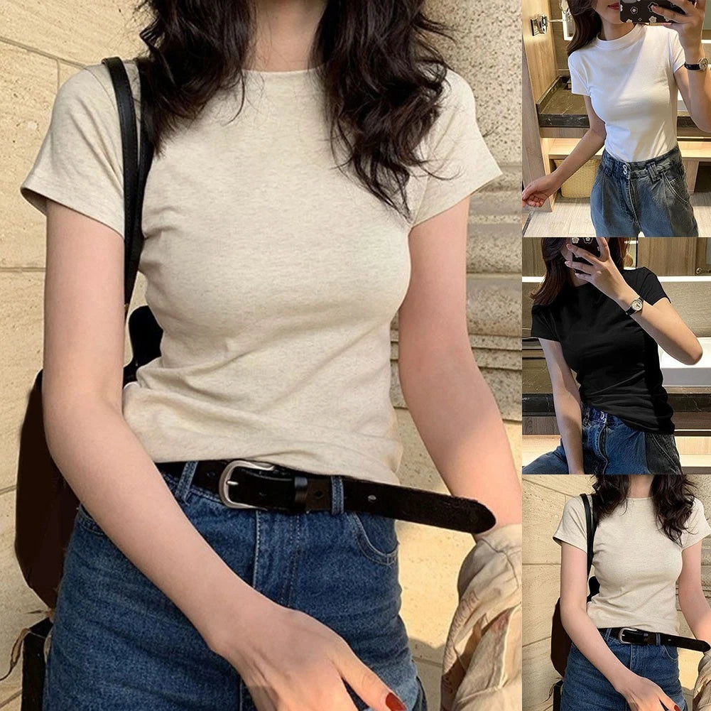 Harajuku Style Womens Short Sleeve Crop Top Slim Fit Round Neck T Shirt
