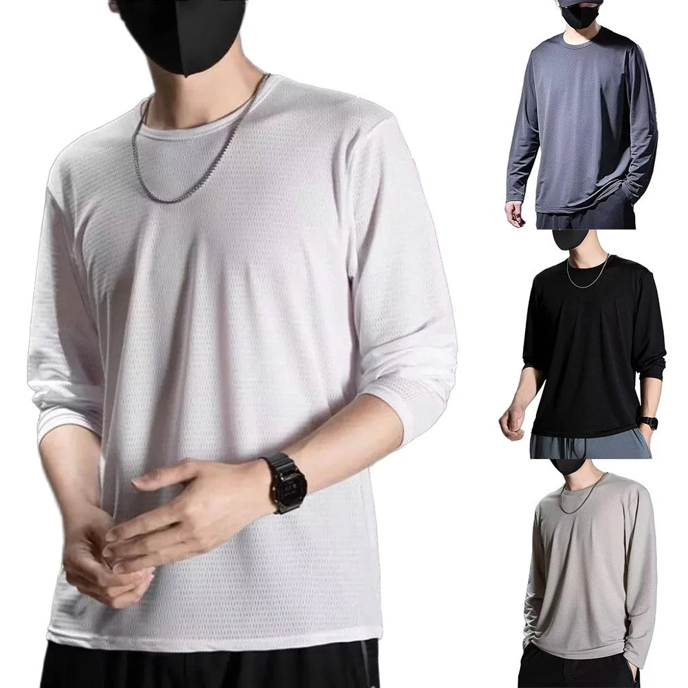 Mens Breathable Mesh Sports Top Long Sleeve Loose Fit Plus Size T Shirt