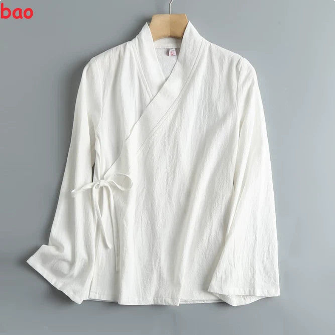 Cotton long sleeved cross collar tie for spring and summer women's daily wear