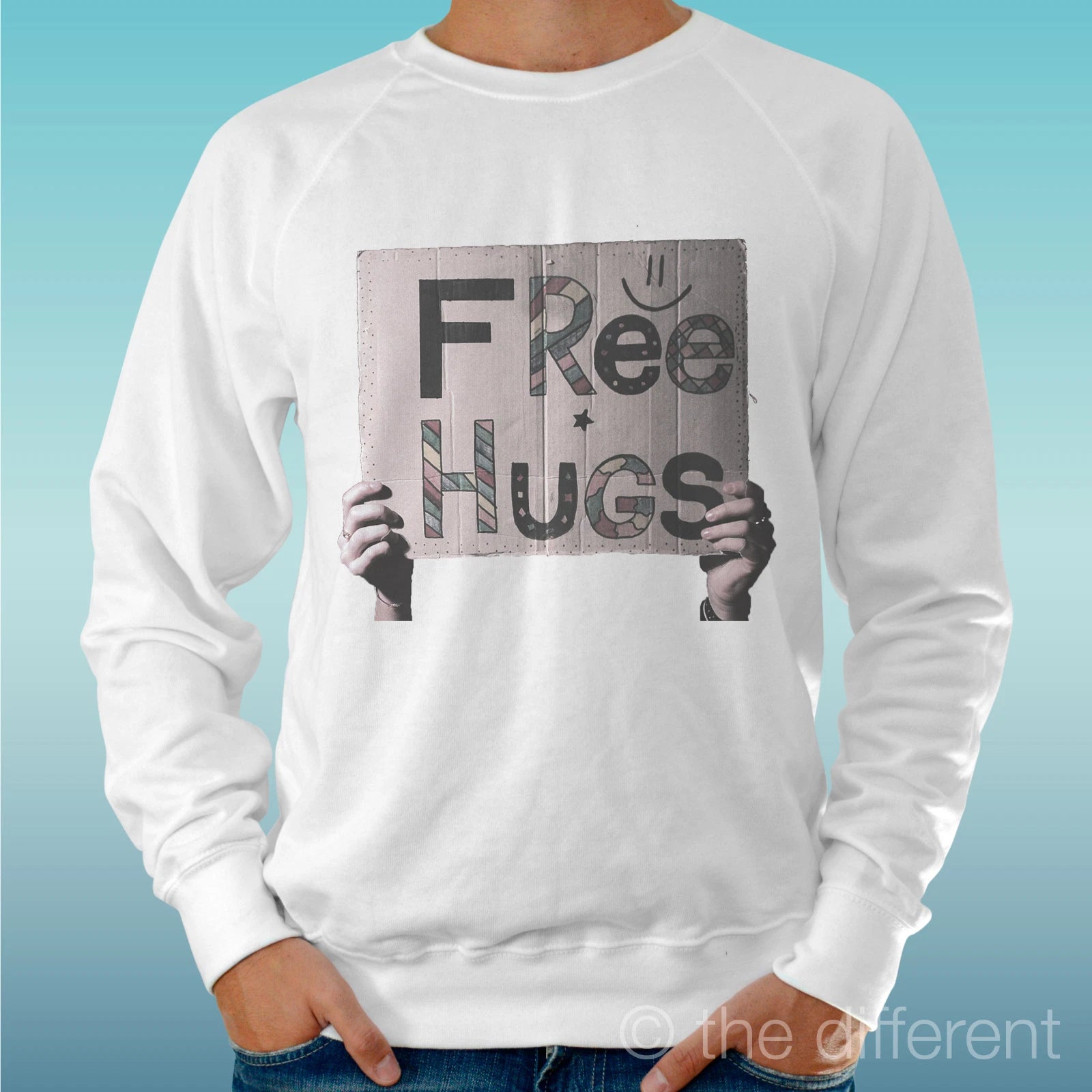 Felpa Man Light Sweater White " Free Hugs Sign " Road To Happiness
