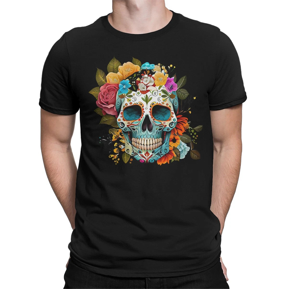 Vibrant Sugar Skull Floral T-Shirt Mexican Day of the Dead Celebration