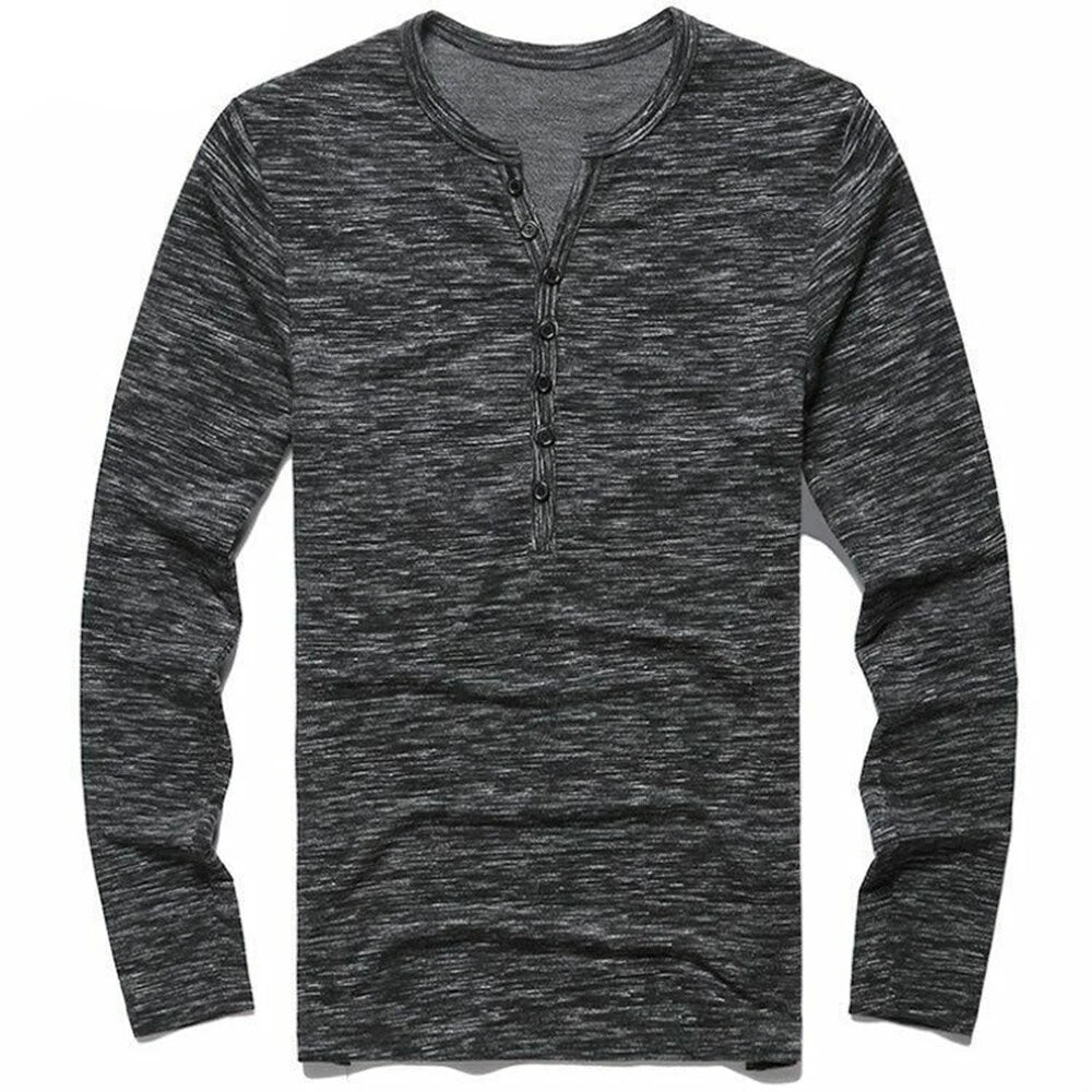 Men Button V Neck T-Shirt Tops Long Sleeve Fit Top Shirt Pullover Casual Slim