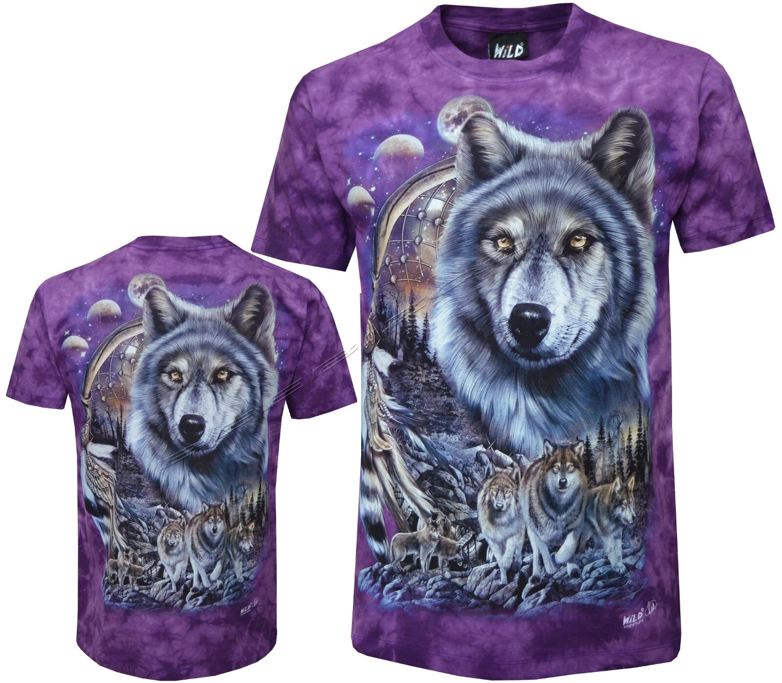 Tie Dye T-Shirt Wolves Dream Catcher Moon Phases Night Sky Glow in Dark by Wild