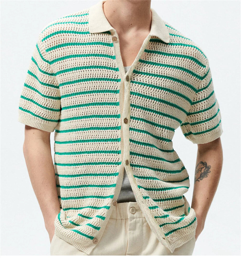 Men's Knitted Shirt Casual Slim Shirts Short Sleeve Button Down Tops Blouse