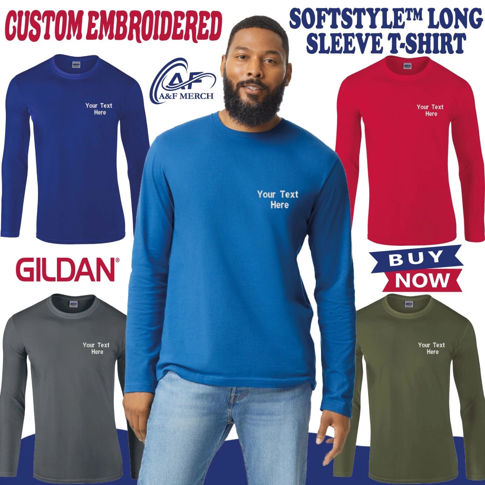 Personalised Custom Embroidered Gildan Softstyle Long Sleeve T-shirt Ring Spun