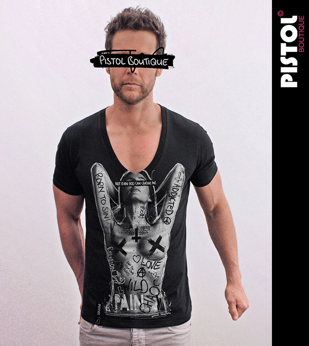 Pistol Boutique Mens Fitted Black Deep V neck NAKED GIRL GRAFFITI TATTOO T-shirt