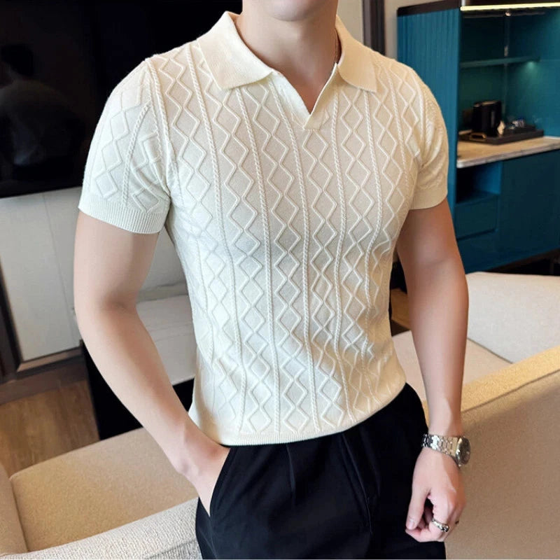 Men Solid Color Lapel Short Sleeved T-shirt Slim Fit Stand Up Collar Base Shirt