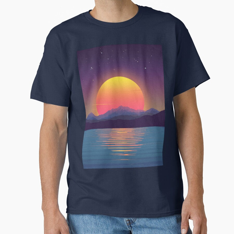 Retro Synthwave Sunset – Neon Mountain Landscape in 80s Vaporwave Style by Visualynx T-Shirts, Hoodie, Sweatshirt (Image 1)