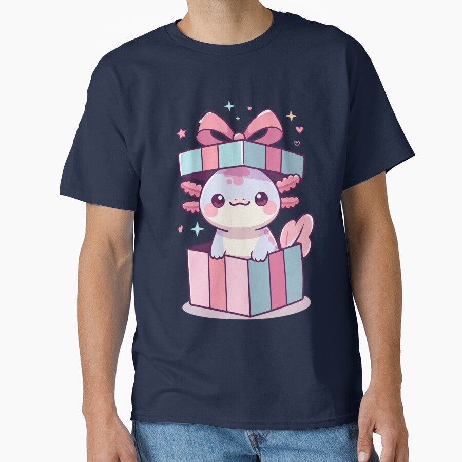 Cute Axolotl Popping Out of Bow Box Pastel Kawaii Character by GrumpySableye T-Shirts, Hoodie, Sweatshirt (Image 1)