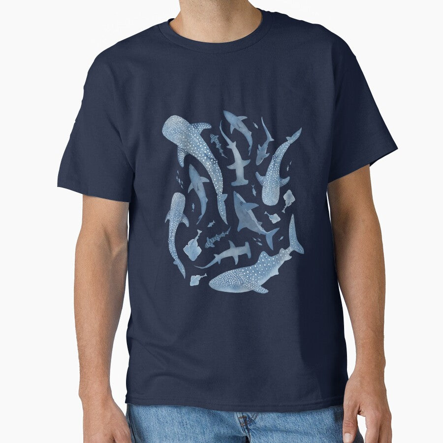 Monochrome blue watercolour shark ocean on black by adenaJ T-Shirts, Hoodie, Sweatshirt | BlankRebels.com (Image 1)