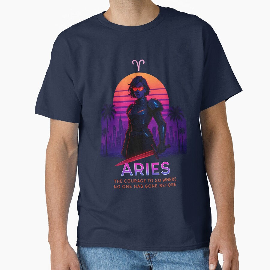 Aries Cyber Zodiac Shirt – Neon Warrior Retrowave Astrological Design by TheCrazyOdd Hoodie, Sweatshirt (Image 1)