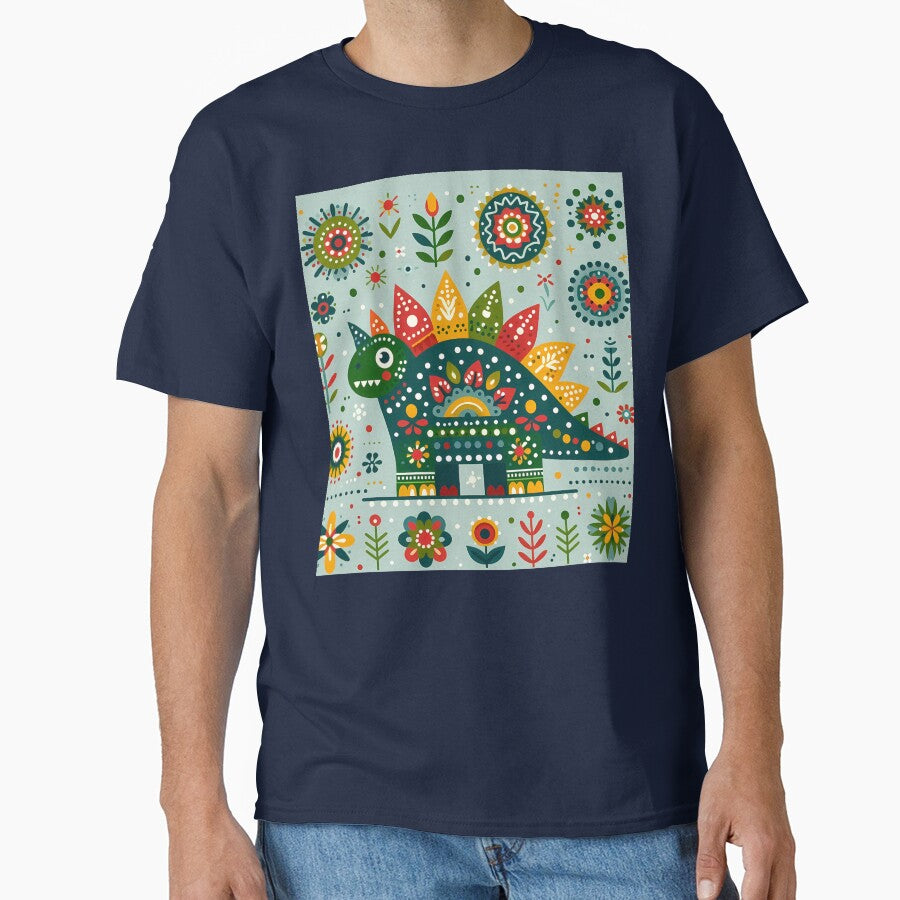 Scandinavian Folk Art Cute Green Stegosaurus Dinosaur by heidiannemorris © by FOLK ART FUSION by... (Image 1)