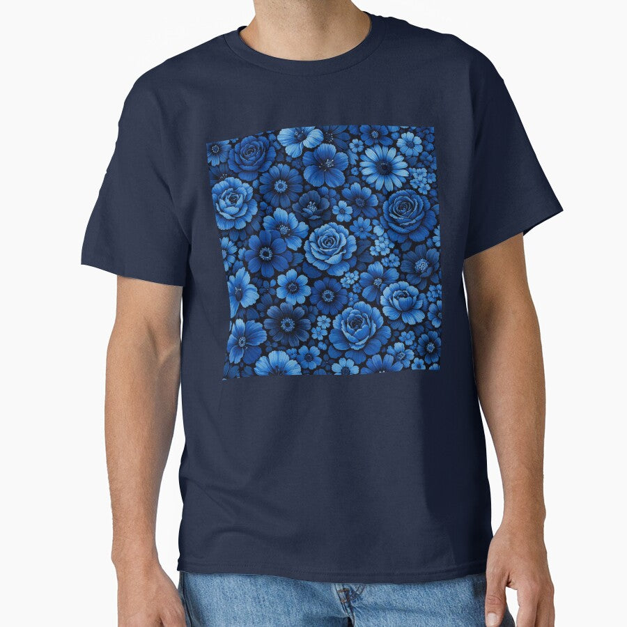 Dark Blue Floral Pattern | Moody Botanical Flowers by ZEYCAT T-Shirts, Hoodie, Sweatshirt | BlankRebels.com (Image 1)