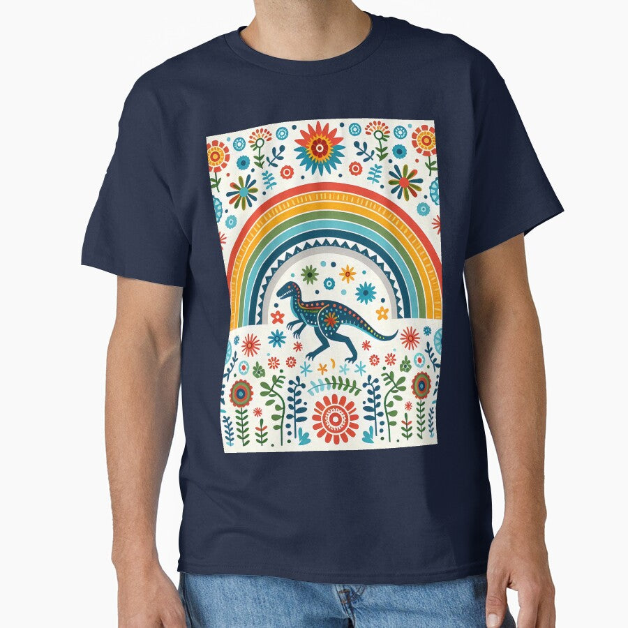 Cute Raptor Dinosaur with Rainbow and Flowers - Scandinavian Folk Art by heidiannemorris © by FOLK ART FUSION... (Image 1)