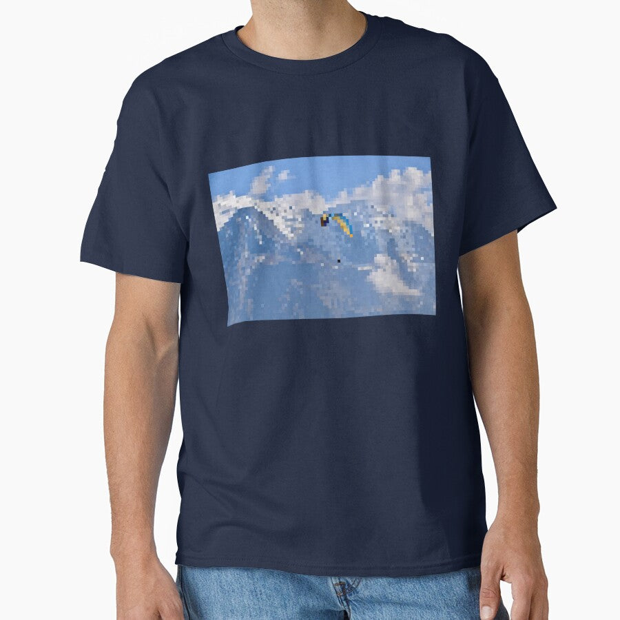 Pixelated Paraglider & Snowy Mountain Scene by Potato Quality Prints T-Shirts, Hoodie, Sweatshirt | BlankRebels.com (Image 1)