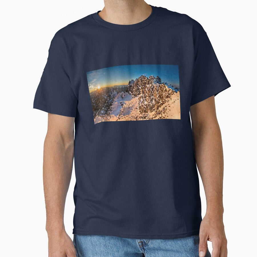 Pixelated Snowy Mountain Sunrise Scene by Potato Quality Prints T-Shirts, Hoodie, Sweatshirt | BlankRebels.com (Image 1)