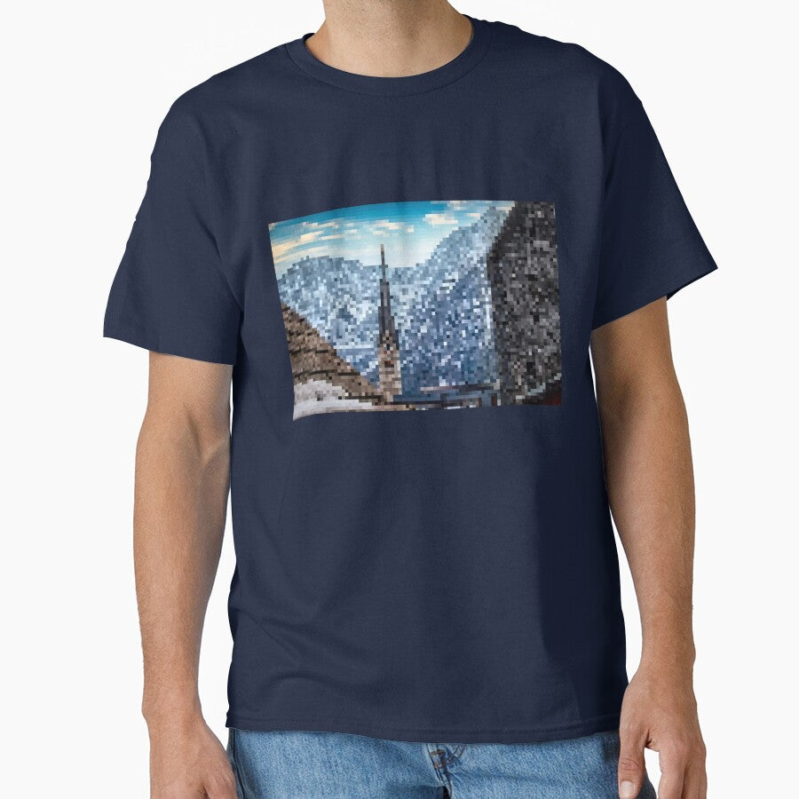 Pixelated Mountainous Winter Church Scene by Potato Quality Prints T-Shirts, Hoodie, Sweatshirt | BlankRebels.com (Image 1)