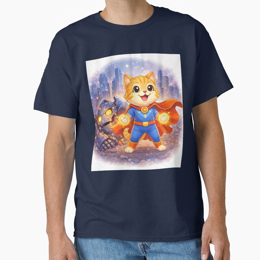 Superhero Cat Defeating Robot Villain – Cute Hero Cat Saving the City | Kawaii Comic Art by Furfolkz