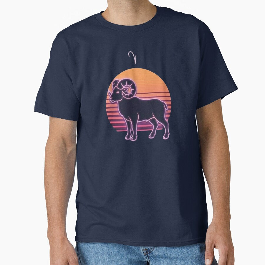 Aries Zodiac Retro Sunset – Neon Ram Astrology Print by DPSz T-Shirts, Hoodie, Sweatshirt | BlankRebels.com (Image 1)
