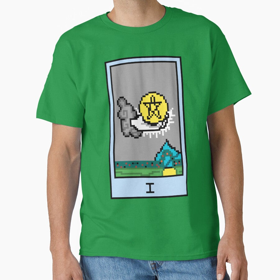 Wait, is this pixel art tarot? Green - Minor Arcana 'Ace of Pentacles' (Design for T-shirt, stickers and other... (Image 1)