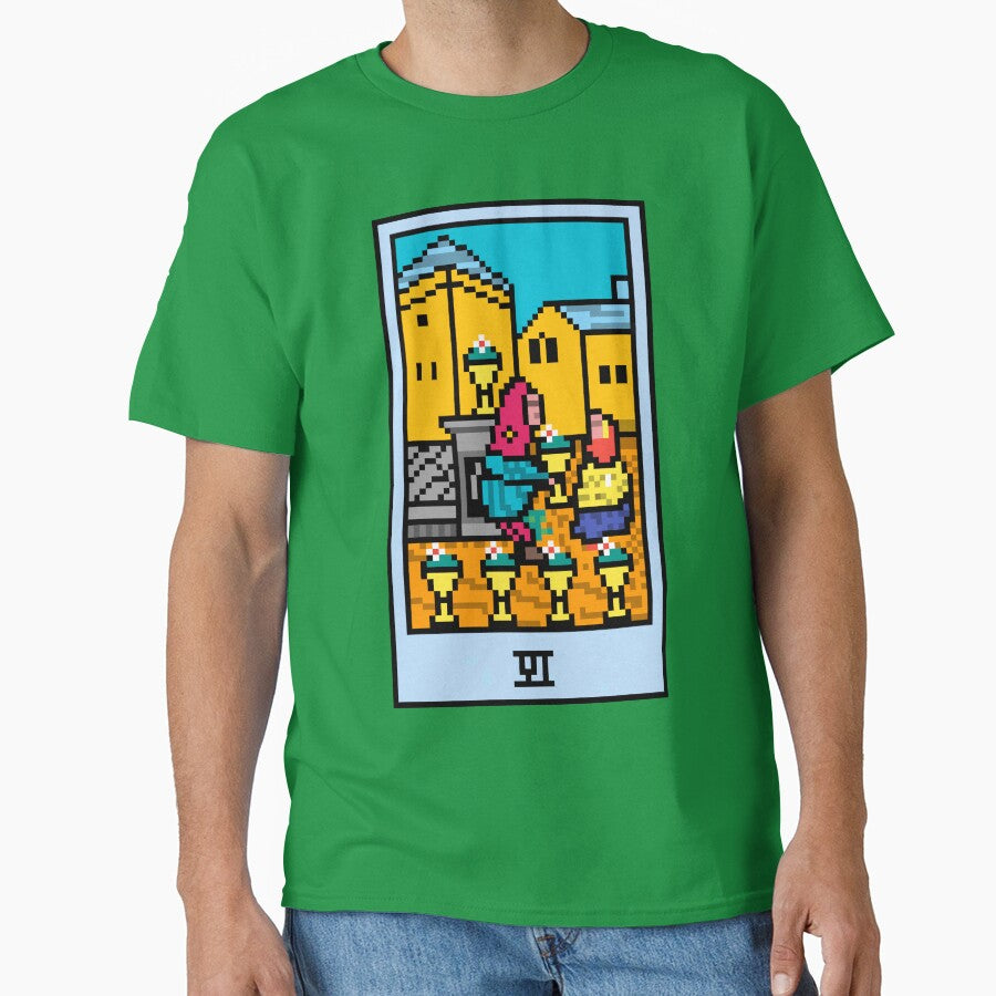 Wait, is this pixel art tarot? Green - Minor Arcana 'Six of Cups' (Design for T-shirt, stickers and other... (Image 1)