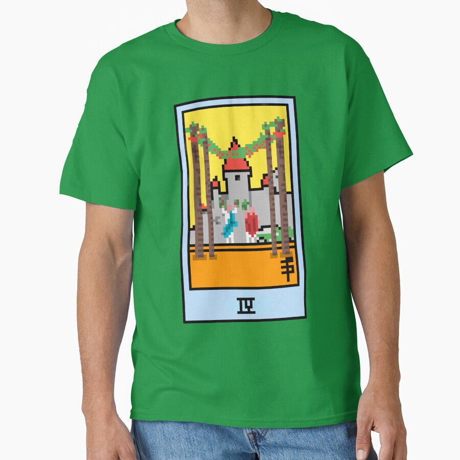 Wait, is this pixel art tarot? Green - Minor Arcana 'Four of Wands' (Design for T-shirt, stickers and other... (Image 1)