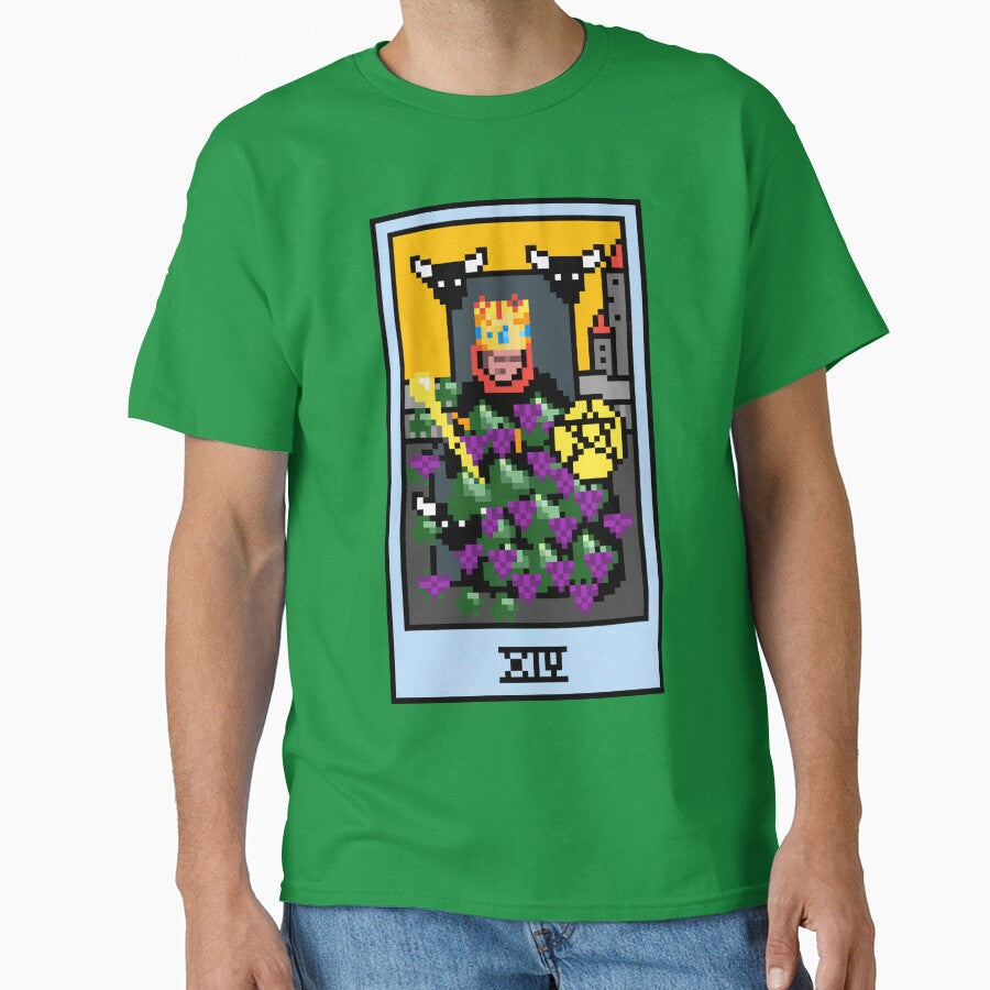 Wait, is this pixel art tarot? Green - Minor Arcana 'King of Pentacles' (Design for T-shirt, stickers and other... (Image 1)