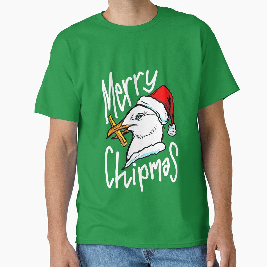 Funny Christmas Seagull Chip - 'Merry Chipmas' Quote - Gull Chips on the Beach! by sketchNkustom T-Shirts,... (Image 1)