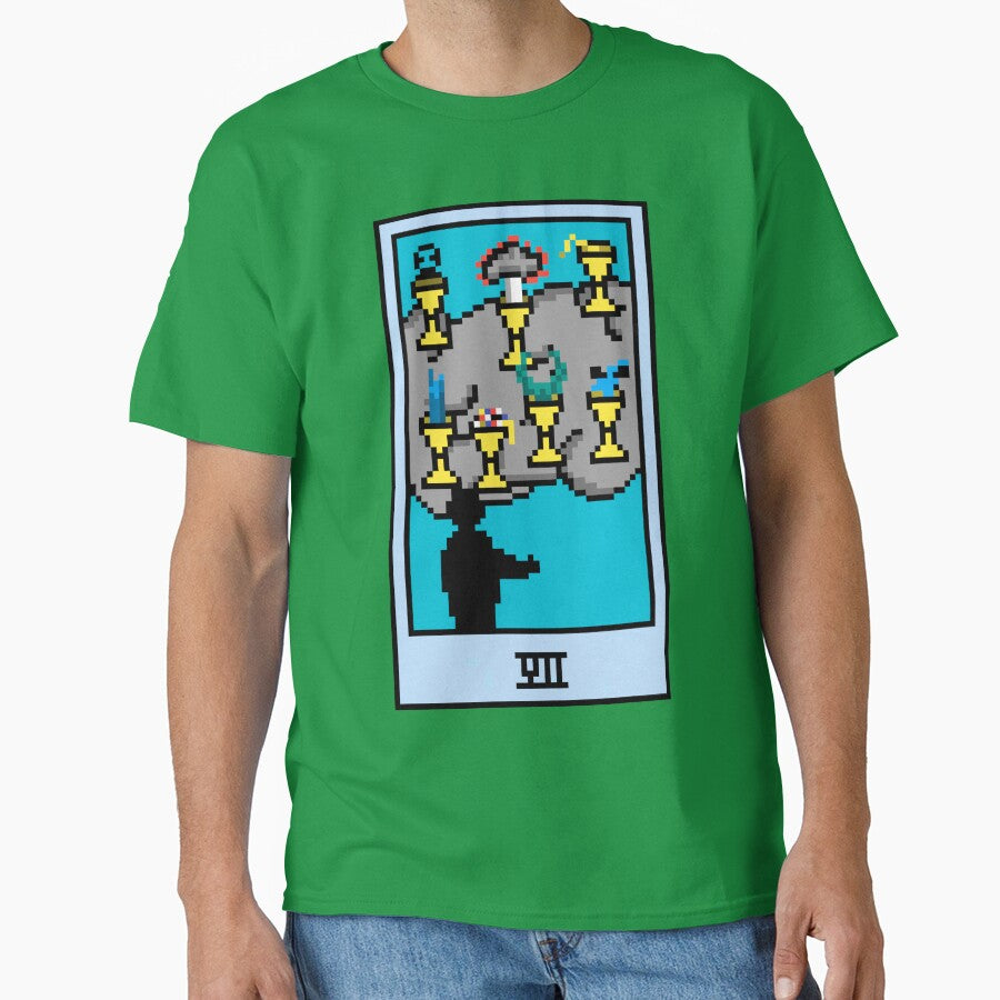Wait, is this pixel art tarot? Green - Minor Arcana 'Seven  of Cups' (Design for T-shirt, stickers and other... (Image 1)