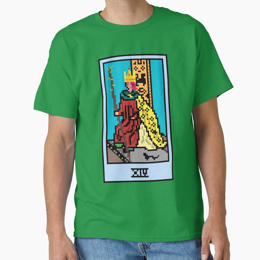 Wait, is this pixel art tarot? Green - Minor Arcana 'King of Wands' (Design for T-shirt, stickers and other... (Image 1)