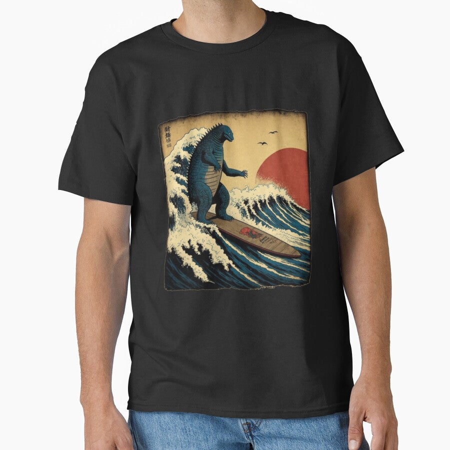 Godzilla Surfing Great Wave Hokusai Funny Parody T-Shirts, Hoodie, Sweatshirt