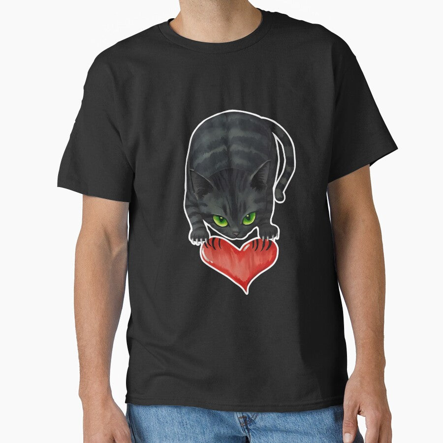 Gothic Cat Pawing a Heart Sticker, T-Shirt & Art Print | Dark Kawaii Design (Image 1)