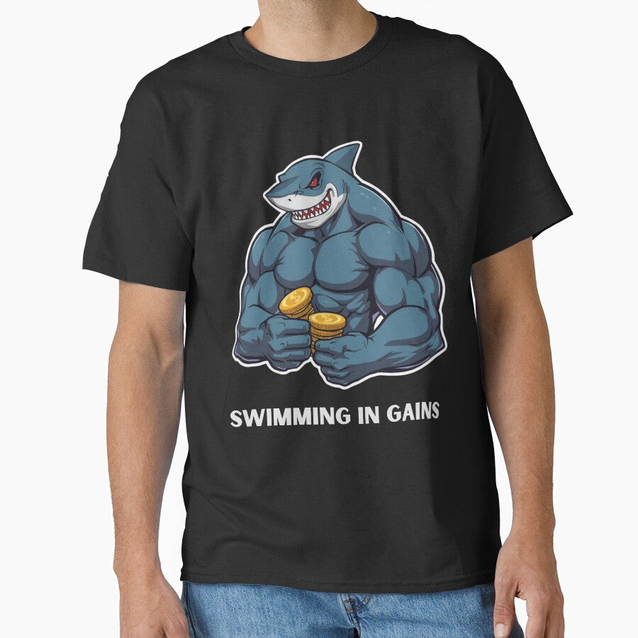 Swimming in Gains Shark Crypto Gym Meme Shirt by LintonGriffin
