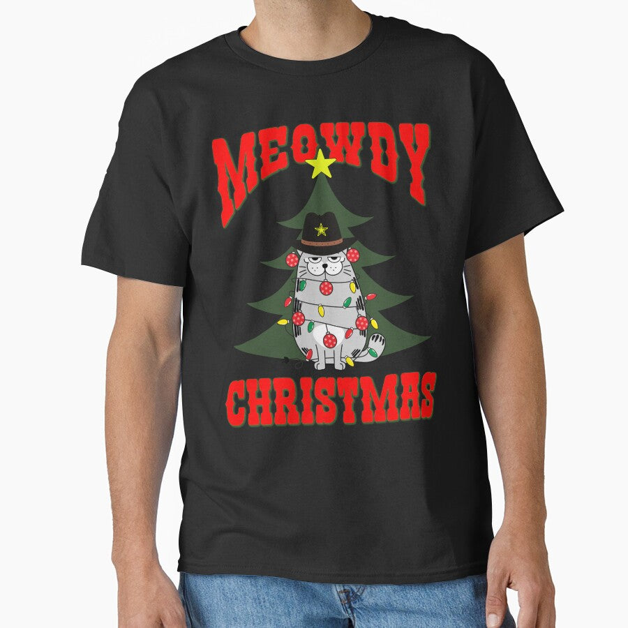 Meowdy Christmas, Festive cat with Christmas lights and ornaments by Blended Designs ⭐⭐⭐⭐⭐ T-Shirts, Hoodie,... (Image 1)