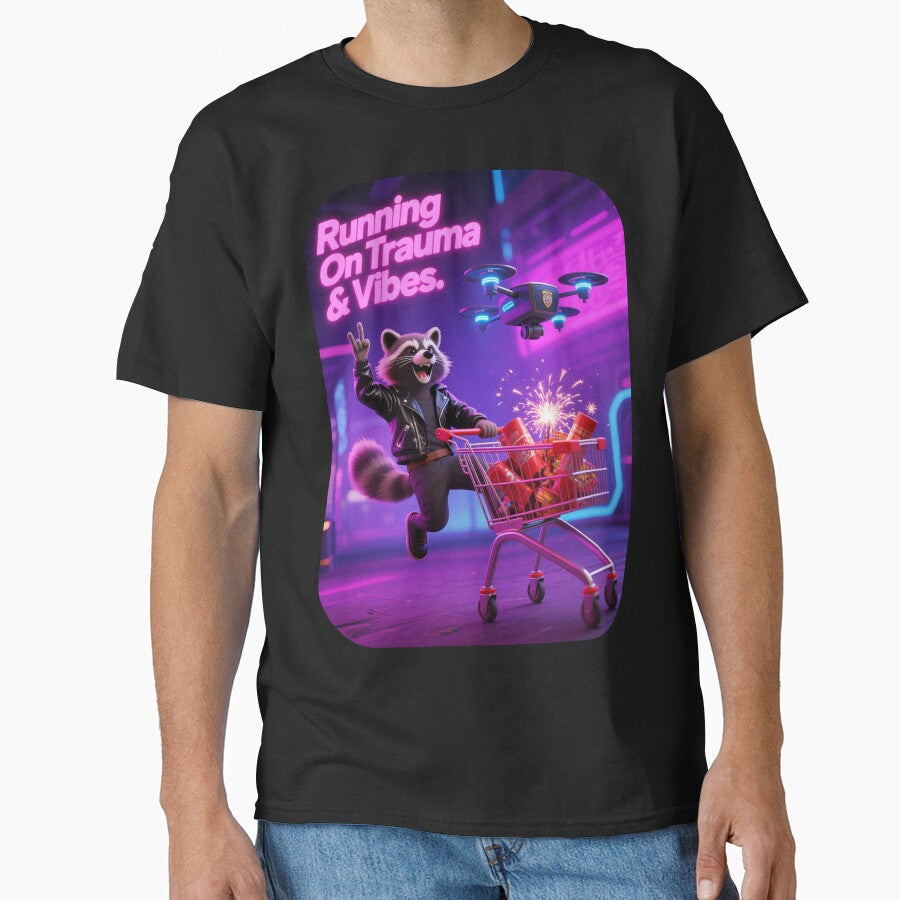Funny Raccoon – Running on Trauma and Vibes – Mental Health Humor by Dark Humor Designs Co. T-Shirts, Hoodie,... (Image 1)