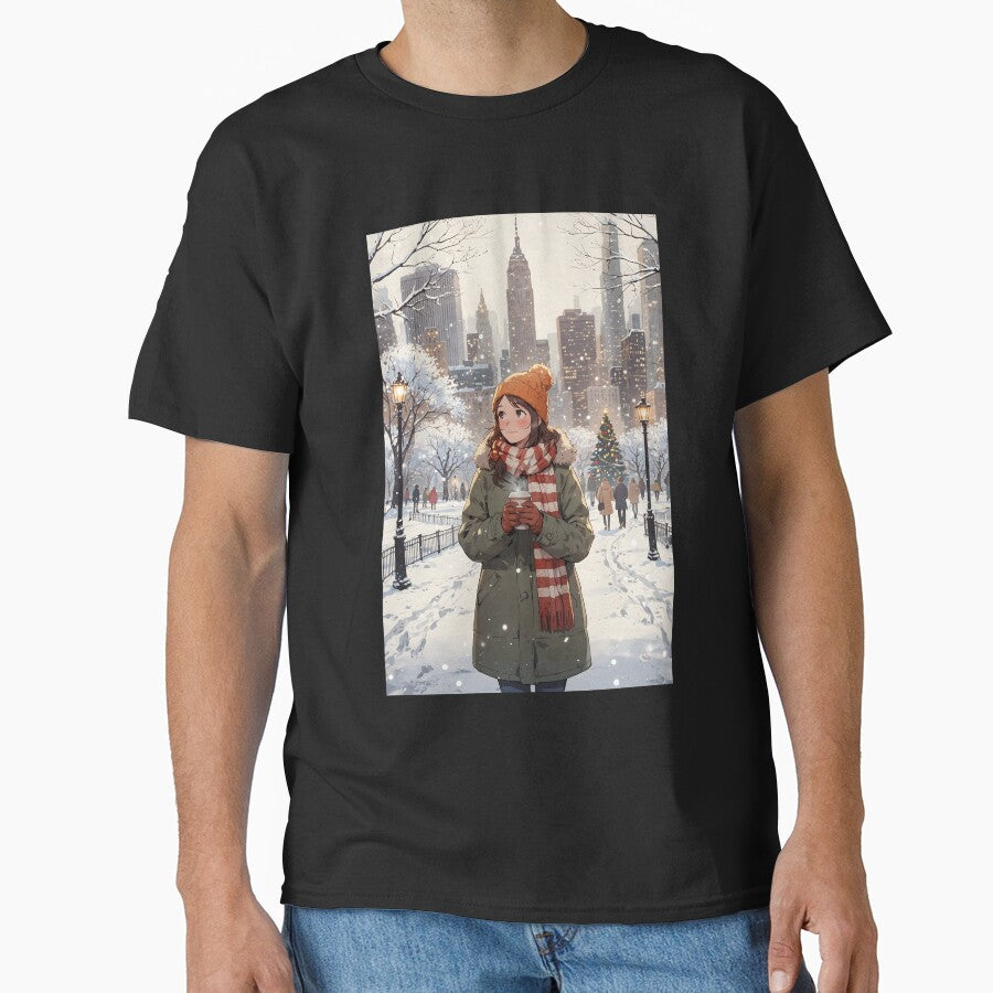 Anime Woman in Winter, Central Park, New York – Cozy Snowy Stroll by Chibifaceneko T-Shirts, Hoodie, Sweatshirt (Image 1)